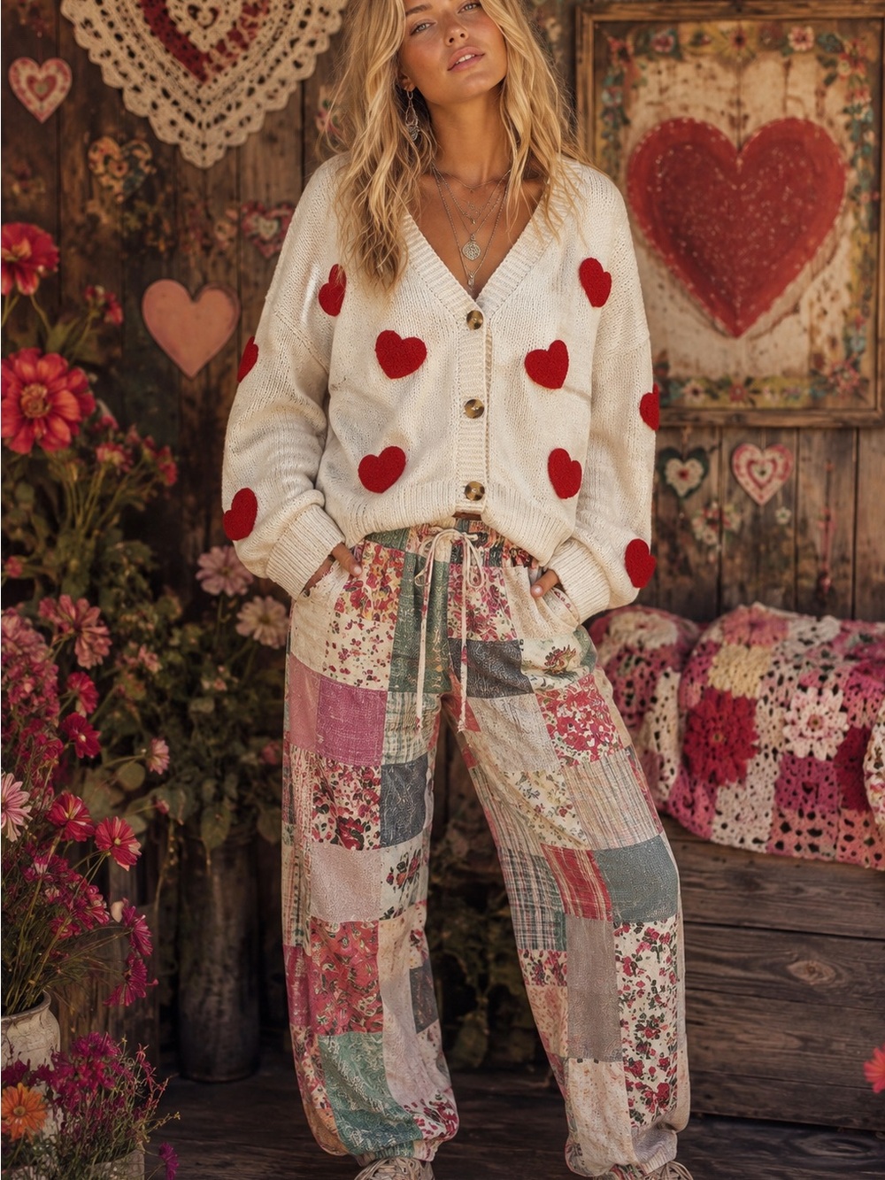 Boho Patchwork heart Cardgan - Cream with red heart Multi